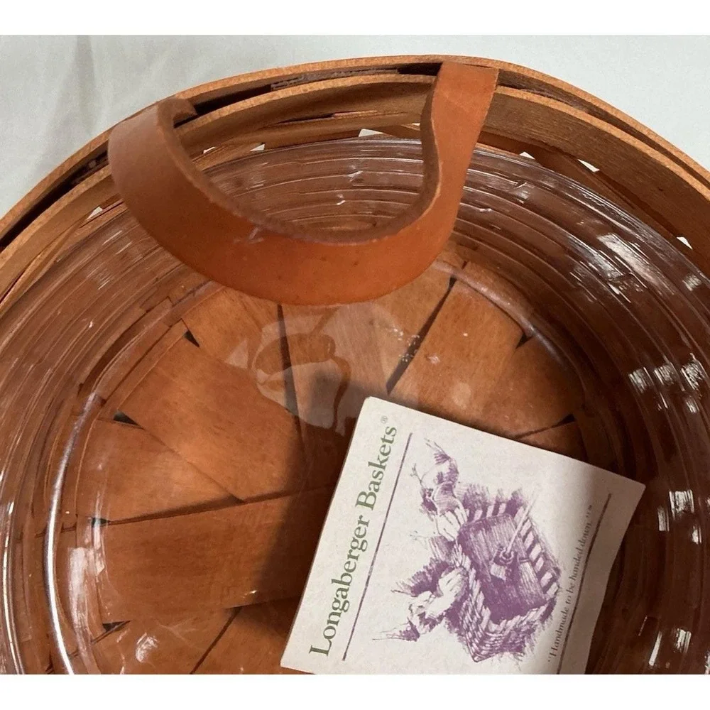 Longaberger Round Darning Basket Leather Handles Plastic Protector Signed 1995